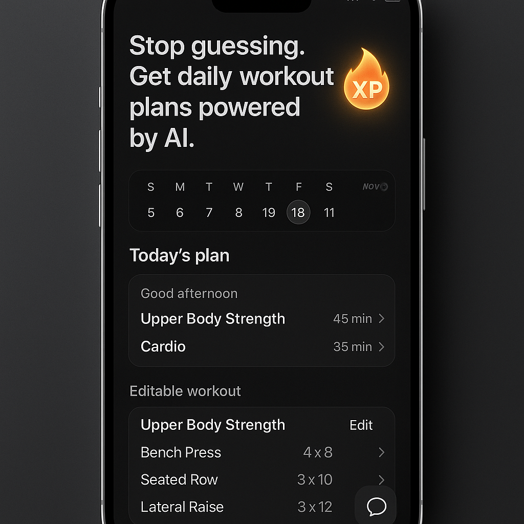 Workouts UI with calendar and tips